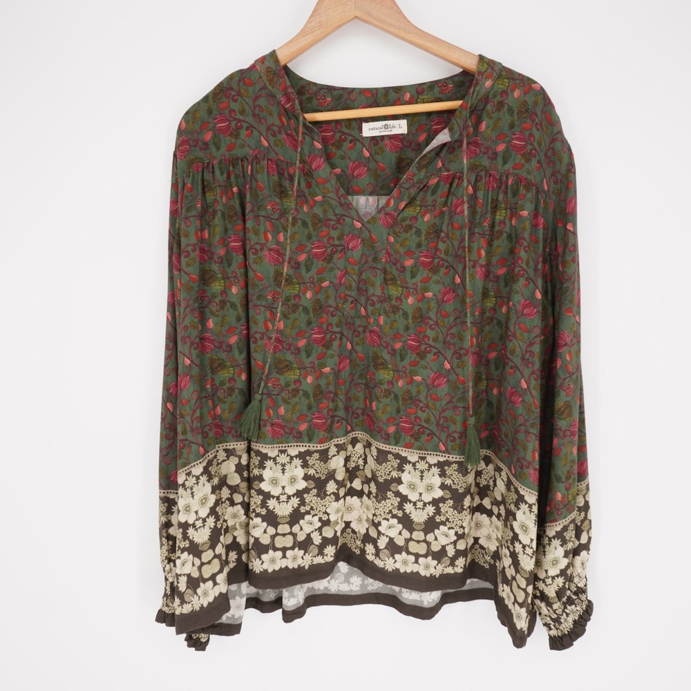 Natural Life Floral Boho Blouse Womens L Green Cottage Relaxed Casual Tassel Tie